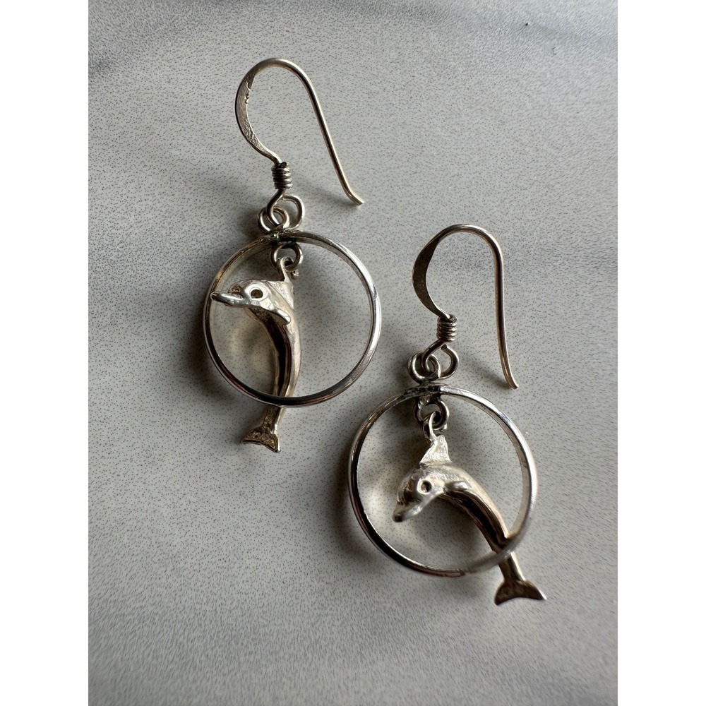 Vintage 925 Sterling Silver Dolphin Hoop Dangle Drop Earrings Nautical Jewelry